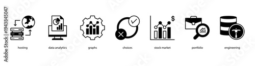 Business Intelligence web banner icon vector illustration featuring Hosting, Data Analytics, Graphs, Choices, Stock Market, Portfolio, and Engineering.