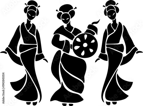 Traditional Japanese Geisha Woman Dancing Silhouette Vector