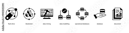 Digital Infrastructure web banner icon vector illustration featuring Flash Drive, Blockchain, Data Mining, Data Modelling, Operational Databases, Database, and Document.