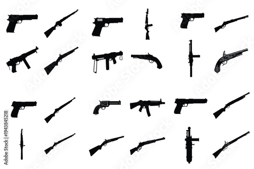 Collection of various weapon silhouettes including pistols, rifles, shotguns, and antique firearms on a white background.