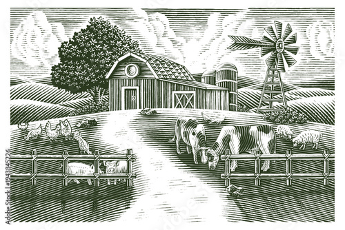 Landscape of animal farm hand draw vintage engraving style black and white clip art isolated on white background