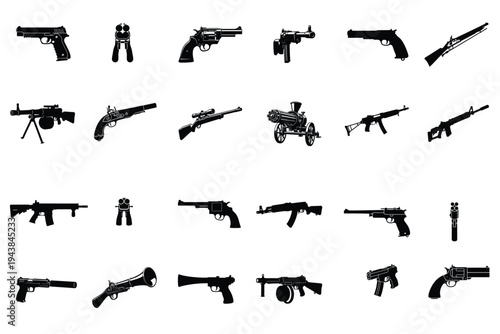 Collection of various weapon silhouettes including pistols, rifles, and antique firearms.