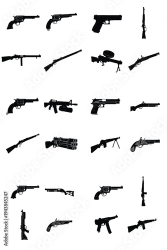 Collection of diverse firearm silhouettes including pistols, rifles, and shotguns on a white background.