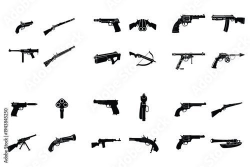 Collection of diverse weapon and firearm silhouettes including pistols, rifles, shotguns, and antique guns.