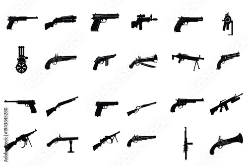 Collection of diverse firearm silhouettes including modern pistols, rifles, shotguns, revolvers, and historical weapons, presented as black vector icons on a white background.