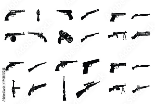 Collection of various firearm silhouettes including pistols, revolvers, rifles, shotguns, and machine guns.