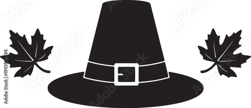 A black pilgrim hat with a buckle and two maple leaves on each side