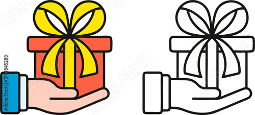 Hand Giving Gift Box Vector Illustration Icon Set