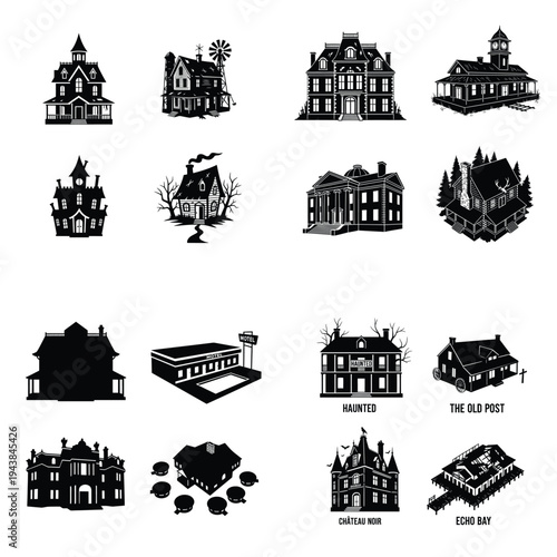 Collection of old and haunted building silhouettes