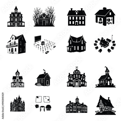 Collection of diverse house and building silhouettes including haunted mansions, rustic cabins, and a church.