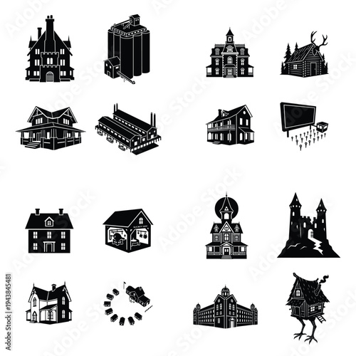 Diverse collection of black silhouette building icons including houses, mansions, castles, factories, silos, and unique structures.