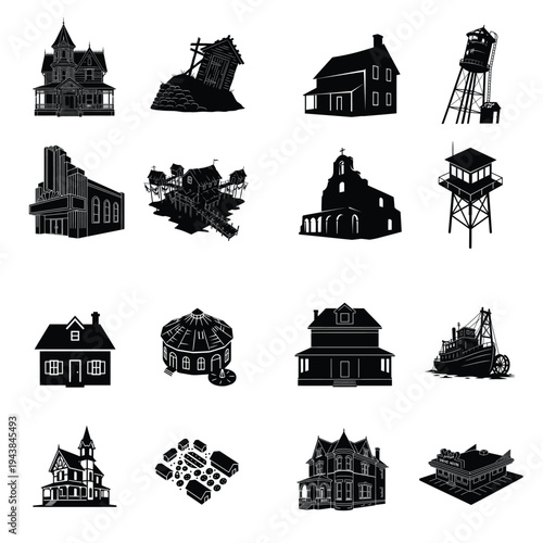 Collection of diverse architectural building and structure silhouettes, including houses, church, movie theater, water tower, and fire watchtower, in a classic vector style.