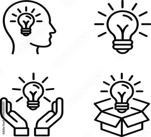 Creative thinking and innovation icons set, human head with lightbulb, solution concept and brainstorm inspiration symbols