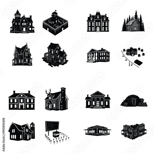 Diverse architectural building silhouettes including houses, cabins, mansions, forts, and various structures.