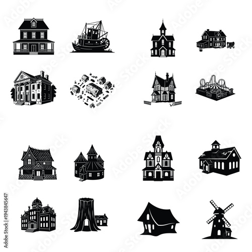 Collection of vintage spooky building and structure silhouettes including haunted houses, a shipwreck, amusement park, and windmill.