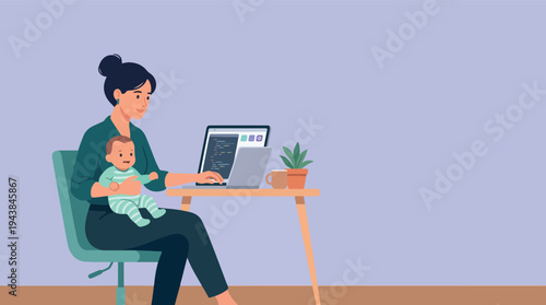 Professional Woman Holding Baby while Sitting in Office Chair Vector Illustration