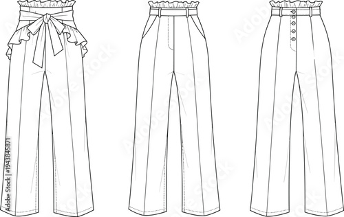 High waist wide leg pants with paper bag waistband, tie belt, button front, cad flat fashion sketch, vector illustration