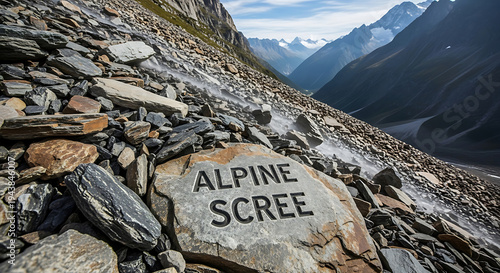 A rocky alpine scree slope with mountains in the background