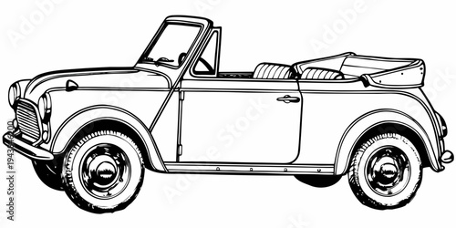 Classic Vintage Convertible Mini Car Retro Small Vehicle Line Art Illustration