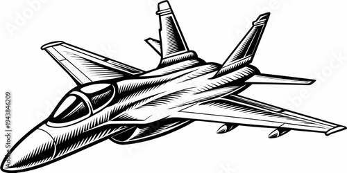Modern Military Fighter Jet Supersonic Stealth Aircraft Line Art Illustration