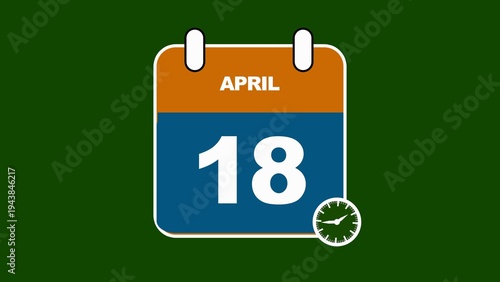 Photography April 18th Calendar Icon with a Clock Graphic on a Green Background eighteenth d