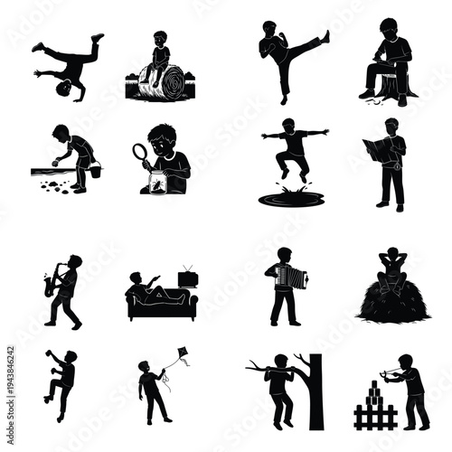 Black silhouettes of boys engaging in diverse childhood activities, including sports, nature exploration, music, and creative play, representing youthful recreation and hobbies.