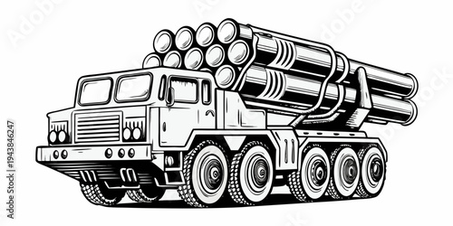 Military Multiple Rocket Launcher Truck Artillery Vehicle Line Art Illustration