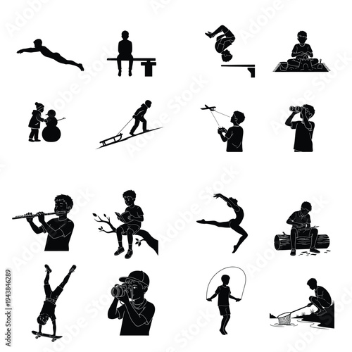 Silhouettes of children engaged in various recreational and educational activities including sports, music, reading, and outdoor play, representing diverse childhood hobbies and development.