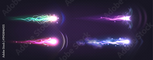 Realistic laser gun effects with neon energy beams and plasma blasts, vector illustrations isolated on transparent. Vector game design elements, power light trails, lightning sparks and power shots