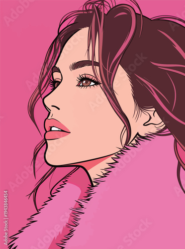 A woman is shown in profile against a pink backdrop. She has long hair and is wearing a fur collar. Her gaze is directed to the side.