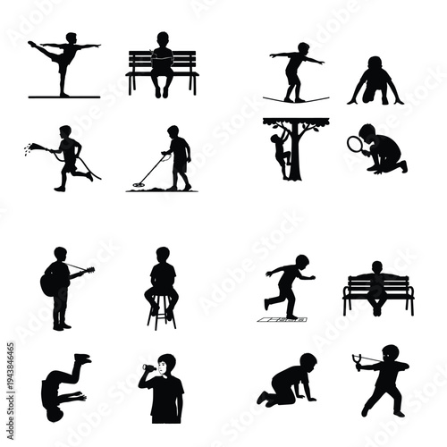 Collection of black silhouettes depicting children engaged in various activities like sports, outdoor play, music, and learning, representing diverse childhood interests and development.
