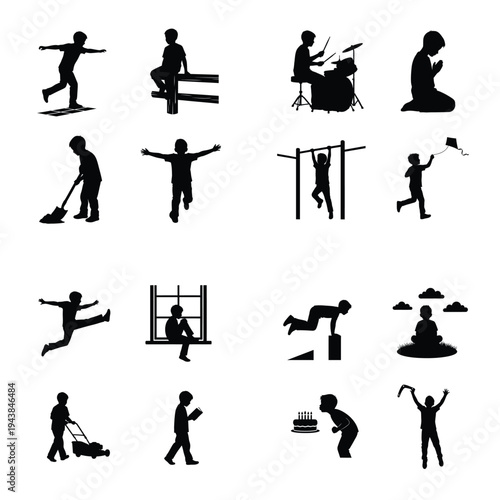 Silhouettes of boys engaged in various childhood activities and hobbies