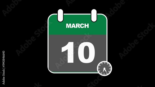 фотографія Calendar Icon for March 10th in Green and Gray with a Clock Element tenth date