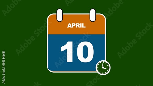 Fotografia Calendar Icon Showing April 10th with a Small Clock Symbol on a Green Background