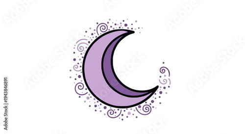 Stylized crescent moon with decorative swirls and sparkles, elegant purple graphic for celestial or mystical themes