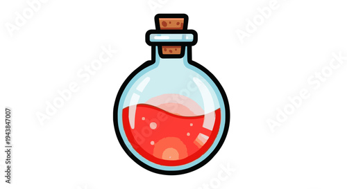 A cartoon-style illustration of a round glass potion bottle filled with a vibrant red liquid and sealed with a cork stopper, perfect for fantasy or gaming themes