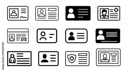 ID Card Line Icons Set – Identification Badge and Personal Profile Outline Vector Collection