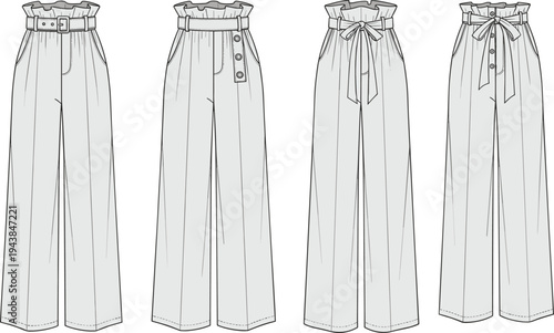 High waist wide leg pants fashion flat, front view cad drawing, belt and button variations, stylish women’s trousers design illustration