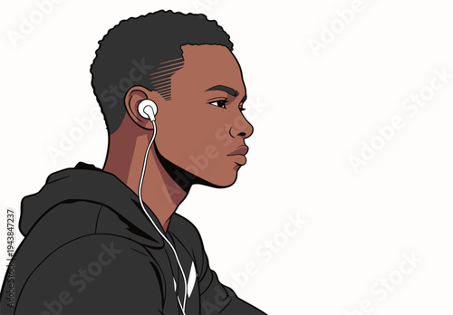 A young person sits quietly and listens to music with earphones. They appear focused and thoughtful while indoors.