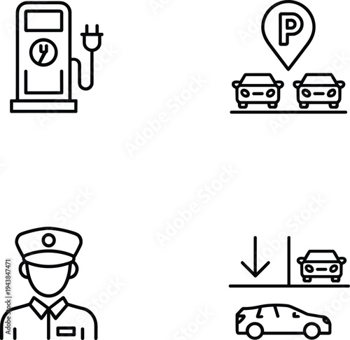 Electric vehicle charging station and smart parking icons set, valet service, parking location and garage symbols