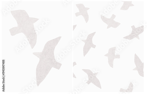 Hand Drawn Vector Illustration And Seamless Patterns with Flying Bird Silhouettes in Minimalist Style. Gray Abstract Flying Birds On an Off White Background, Ideal For Poster, Card, Wallpaper.