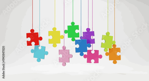 Colorful puzzle pieces hanging from strings on a light gray background