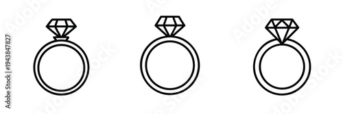 Diamond ring and luxury jewelry outline icon set featuring engagement gemstone and wedding marriage mark for fashion accessory and more vector illustration or editable stroke
