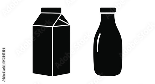 Simple black and white illustration of a milk carton and glass bottle