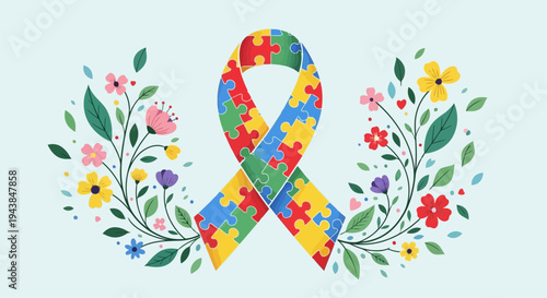 Colorful puzzle piece ribbon surrounded by flowers for autism awareness campaign on light blue background