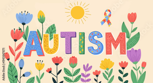 Vibrant floral illustration with colorful flowers and autism awareness ribbon on light peach background