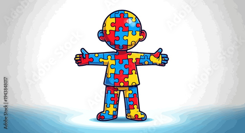 A colorful cartoon character made of puzzle pieces standing on a blue and white gradient background with arms outstretched in a welcoming gesture