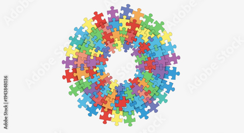 Colorful puzzle pieces forming a circle on a light gray background