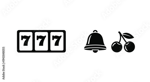 Slot machine symbols lucky sevens bell and cherries displayed in black