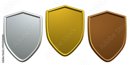 Luxury Gold Silver Bronze Shield Badge Set with Smooth Glossy Surface – Premium Metallic Award Emblem Collection Isolated on Transparent Background PNG